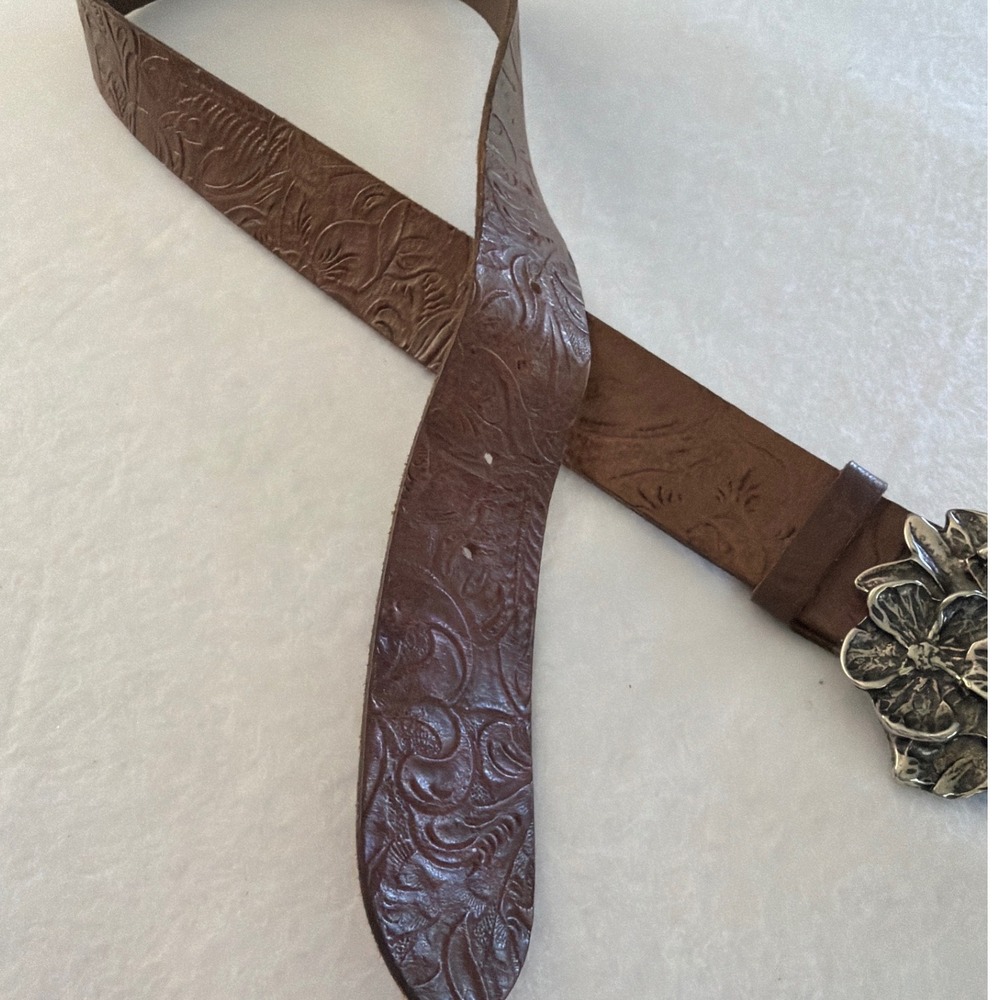 Garuglieri Italy Brown Leather Floral Embossed Belt Silver Flower Buckle Large - Picture 10 of 10